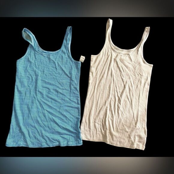 NWT New Lot 2 OLD NAVY Skinny Striped Tank Tops Tan Blue White Stripe Large - Picture 1 of 3